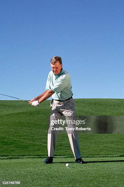 Player Al Geiberger swings at a golf ball on a golf course in Palm Desert.