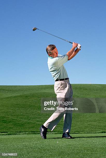 Player Al Geiberger swings at a golf ball on a golf course in Palm Desert.