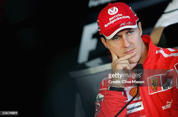 Michael Schumacher of Germany and Ferrari talks to the press during the previews for the San Marino F1 Grand Prix at the San Marino Circuit on April...