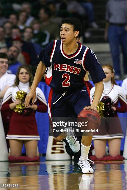 Ibrahim Jaaber of the Pennsylvania Quakers moves the ball during the game with the University of Boston College Eagles in the first round of the 2005...