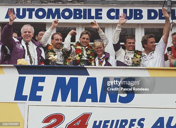 Left to right John Egan, chief executive of Jaguar Cars, Johnny Dumfries, Jan Lammers and Andy Wallace, drivers of the Silk Cut Jaguar XJR-9 LM and...