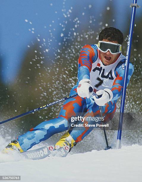 Alberto Tomba of Italy during the International Ski Federation Men's Giant Slalom at the Alpine Skiing World Cup event on 4 February 1987 in Crans...