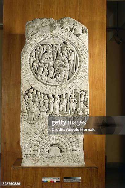This early Indian limestone sculpture is from Amravati and is dated to the 1st century A.D. It depicts a jataka story, one of a collection of stories...
