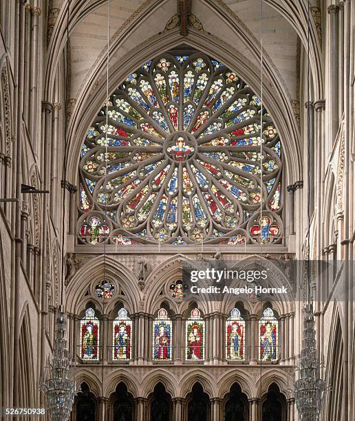The Rose Window in the south transept of Westminster Abbey was remodelled in 1722 with figures designed by artist Sir James Thornhill. | Location:...