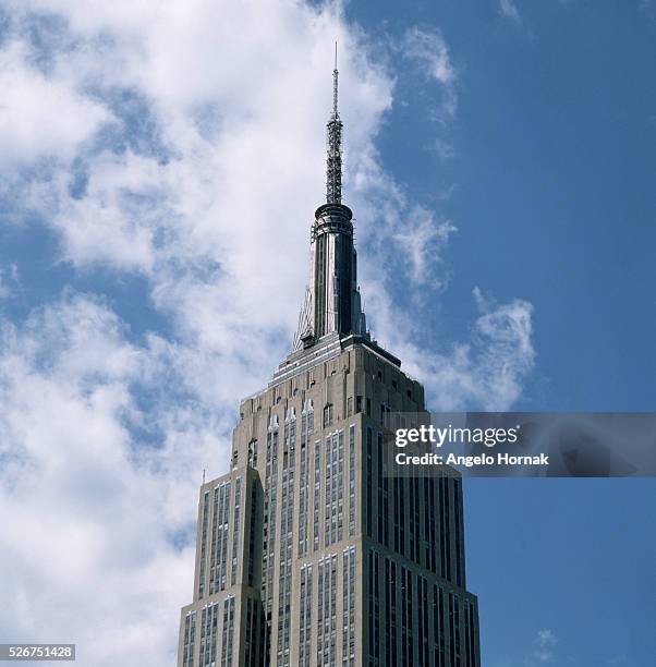 The upper storeys and spire of the Empire State Building designed by Shreve Lamb and Harmon between 1929 and 1931.