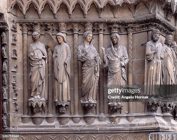 Sculpture from the central door of Reims Cathedral dedicated to the Virgin shows scenes from the Annunciation. Annunciation to the Virgin Mary and...
