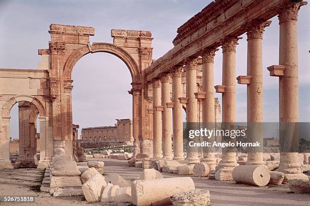 The Great Colonnade extends before a ruined triumpal arch, both of which date from around the 2nd-3rd century A.D., at the ancient city of Palmyra,...