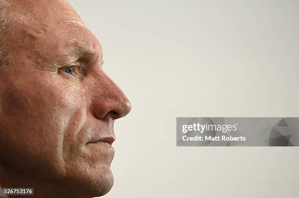 Coach Neil Henry of the Titans looks on during a press conference after the round nine NRL match between the Gold Coast Titans and the Melbourne...