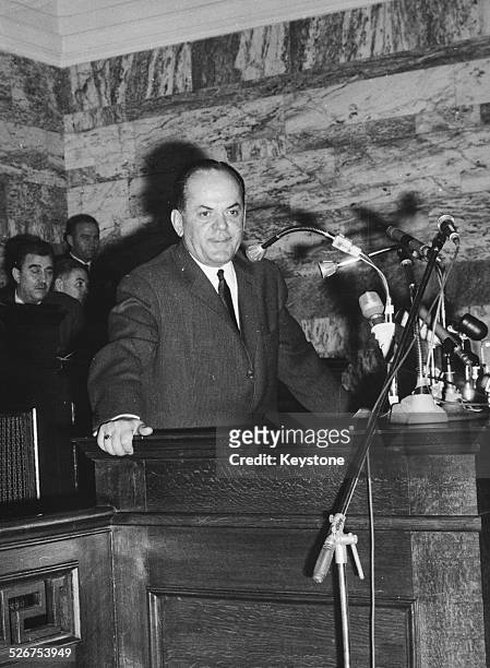 Greek Prime Minister George Papadopoulos giving a speech regarding the new Constitutional plan at a press conference, circa 1970.