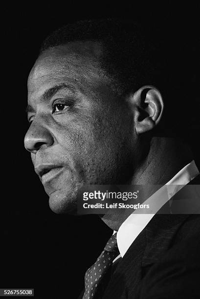 Close-up of American politician Philadelphia Mayor W Wilson Goode as he speaks during a press conference, Philadelphia, Pennsylvania, 1986. He was...