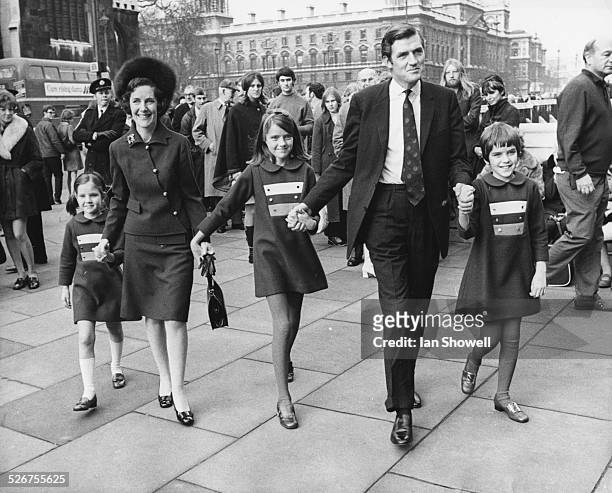 British politician Cecil Parkinson, the Conservative and Unionist Party MP for Enfield West, with his wife Ann and children Joanna, Mary and Emma,...