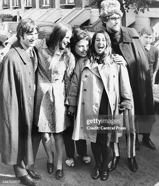 Pop group 'The Mamas and the Papas': Denny Doherty, Michelle Gillian, Cass Elliot and John Phillips, pictured with singer Scott McKenzie , London,...