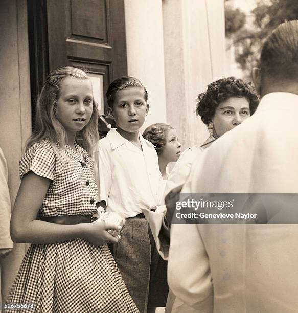 The children of the Royal Family of Greece - from left to right, Sophia, Constantine, and Irini - join their mother Queen Frederica on a royal trip...