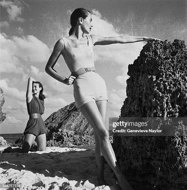 Models, Sabine and Janet Stevenson pose in "Hug Me Tights" by Joset Walker and "Pantung Loincloth Beach Wear" by Claire McCardell.