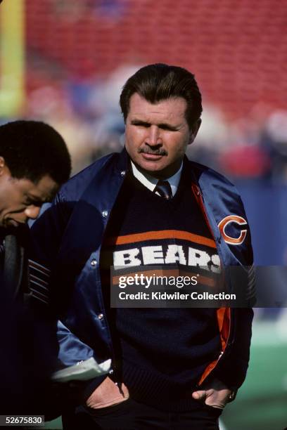 Head coach Mike Ditka of the Chicago Bears stands on the field prior to a game on December 14, 1985 against the New York Jets at Giants Stadium in...