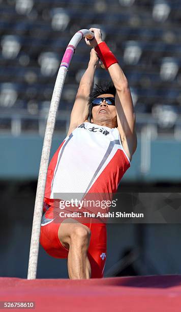 Daichi Sawano of Japan competes in the Men's Pole Vault during the 50th Mikio Oda Memorial International Athletic Meet at Edion Stadium Hiroshima on...