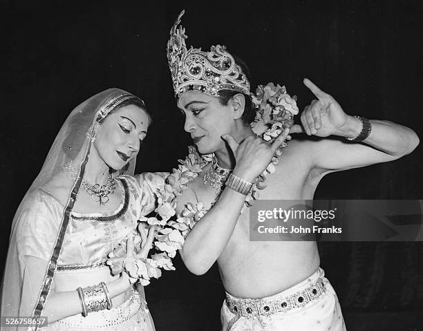 Ballet dancers Alicia Markova and Ram Gopal in costume, rehearsing their dance in 'Radha Krishna', at the Princes Theatre, London, March 6th 1960.