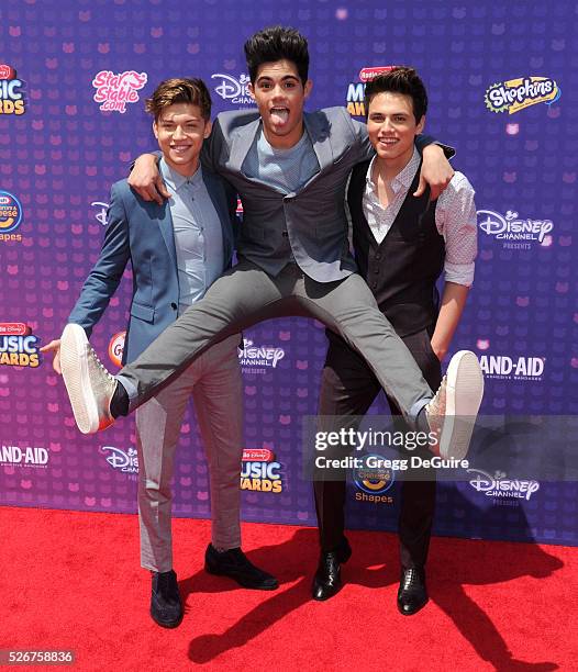 Singers Emery Kelly, Ricky Garcia, and Liam Attridge of Forever In Your Mind arrive at the 2016 Radio Disney Music Awards at Microsoft Theater on...