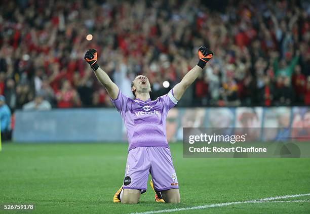Adelaide United goalkeeper Eugene Galekovic celebrates after United defeated the Wanderers during the 2015/16 A-League Grand Final match between...