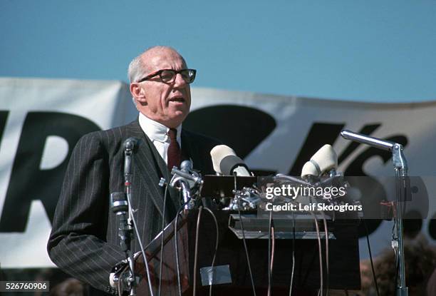 Dr. Benjamin Spock speaks at a 1967 anti-Vietnam rally in Washington, D.C. The famous pediatrician resigned a professorship that year in order to...