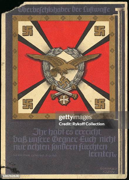 This postcard includes a quote from the commander of the Luftwaffe, whose insignia this is, Hermann Goering, saying "Achievement is having your...