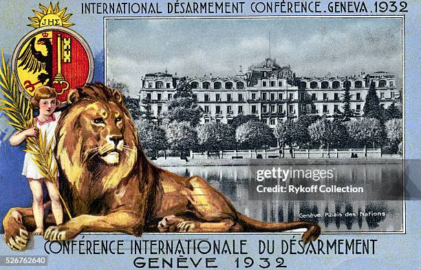 International Desarmement Conference. Geneva 1932. Union Mondiale de la Femme. "To be or not to be" "Disarmament or Disaster" . "That is the...