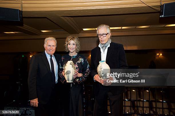 Actor Martin Sheen, Actress Jane Fonda and Record Producer Richard Perry pose for a photo at The Pasadena Playhouse Gala Honoring Jane Fonda and...