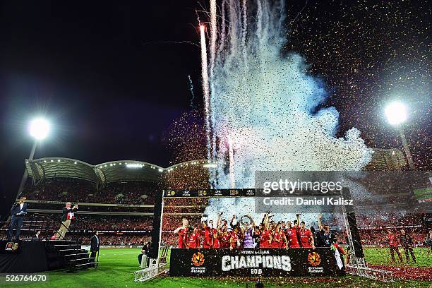 Adelaide United celebrate after they defeated the Wanderers during the 2015/16 A-League Grand Final match between Adelaide United and the Western...