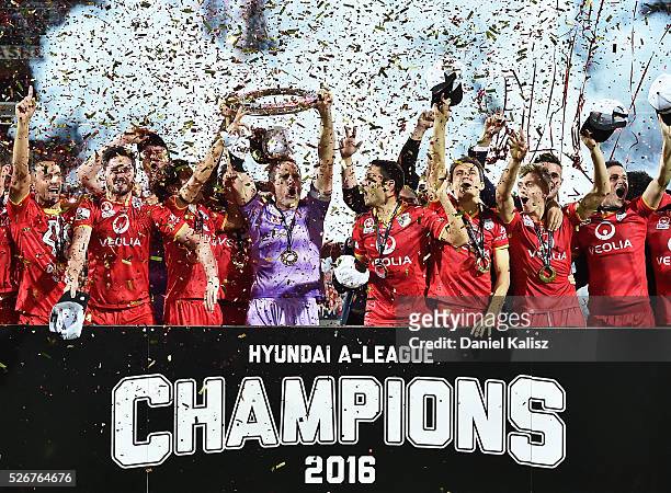 Adelaide United celebrate after they defeated the Wanderers during the 2015/16 A-League Grand Final match between Adelaide United and the Western...