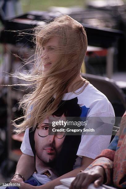 Woman wearing a t-shirt with the likeness of David Koresh on it attends a memorial service on the third anniversary of the burning of the Branch...