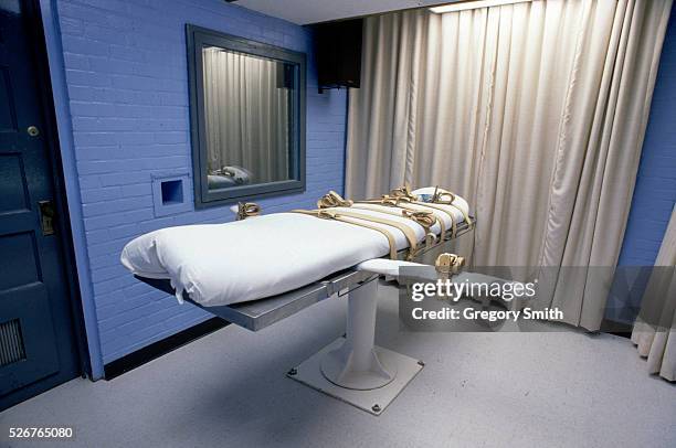 Table fitted with restraints holds down death row prisoners while they are given a lethal injection at Huntsville Unit in Huntsville, Texas. Since...