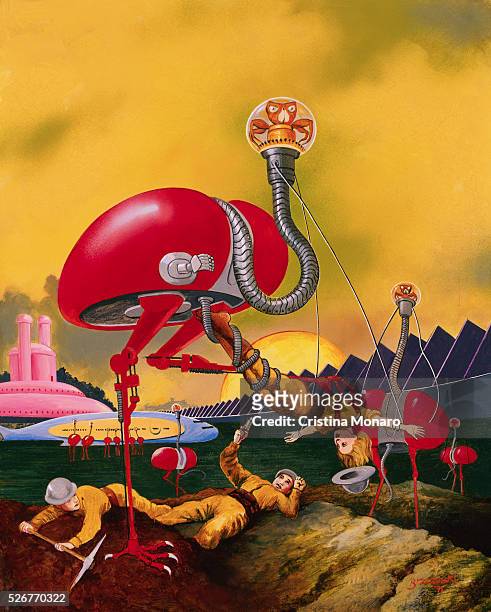 Painting of Extraterrestrial Alien Attacking Spacemen by Anton Brzezinski