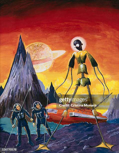 Painting of Extraterrestrial Alien with Two Astronauts by Anton Brzezinski