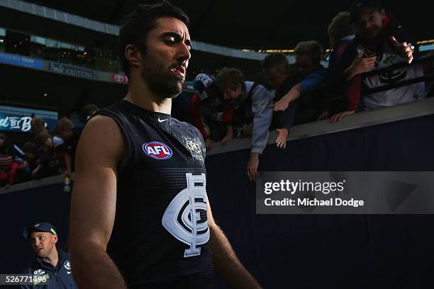 Kade Simpson of the Blues walks out after half time during the round six AFL match between the Carlton Blues and the Essendon Bombers at Melbourne...