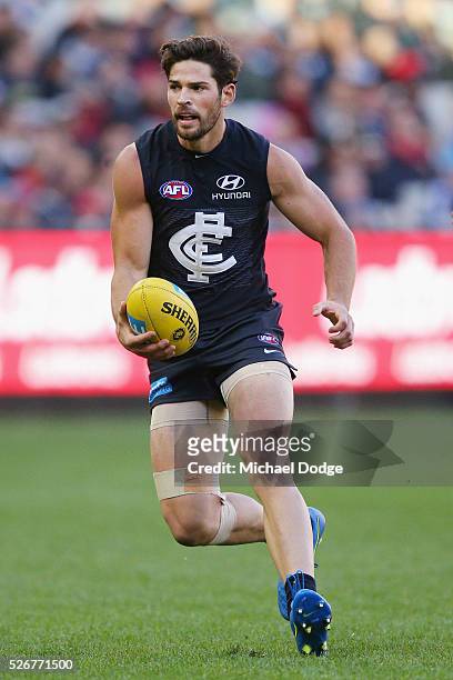 Levi Casboult of the Blues looks upfield during the round six AFL match between the Carlton Blues and the Essendon Bombers at Melbourne Cricket...