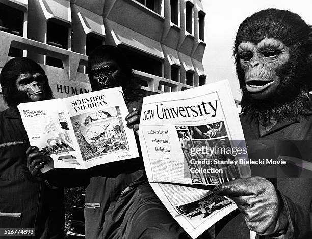 Portrait of supporting actors wearing monkey masks and reading scientific magazines, on the set of the movie 'Conquest of the Planet of the Apes',...