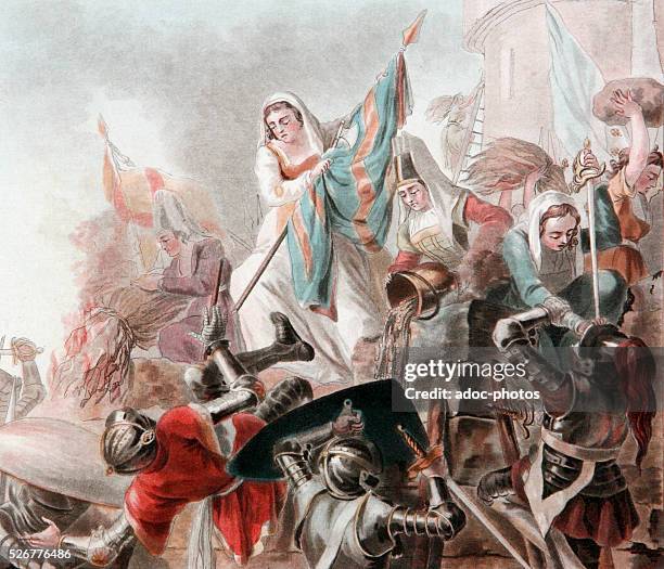 Aquatint in colour depicting French heroine Jeanne Laisne , also known as Jeanne Hachette, during the capture of Beauvais, France, June 1472. Image...