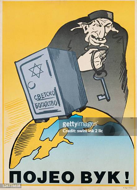 Yugoslavian Anti-Semitic Poster Depicting a Jew with a Locked Safe
