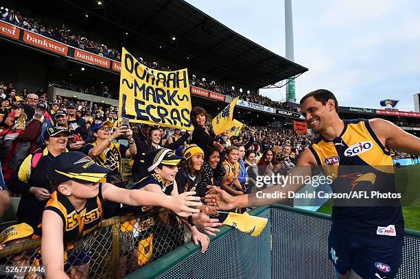 Josh Hill of the Eagles celebrates with the crowd after the 2016 AFL Round 06 match between the West Coast Eagles and the Collingwood Magpies at...