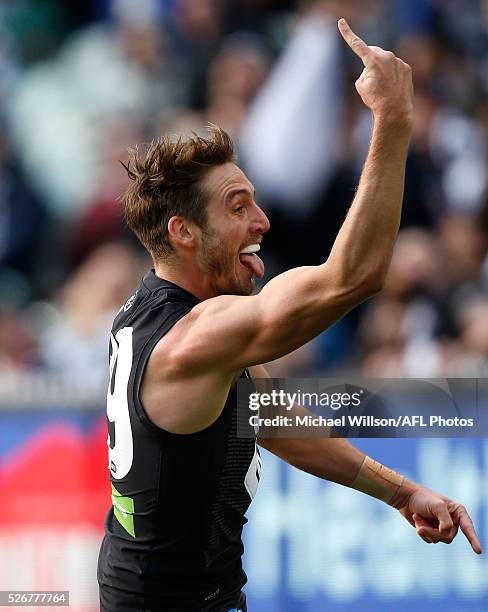 Dale Thomas of the Blues celebrates a goal during the 2016 AFL Round 06 match between the Carlton Blues and the Essendon Bombers at the Melbourne...