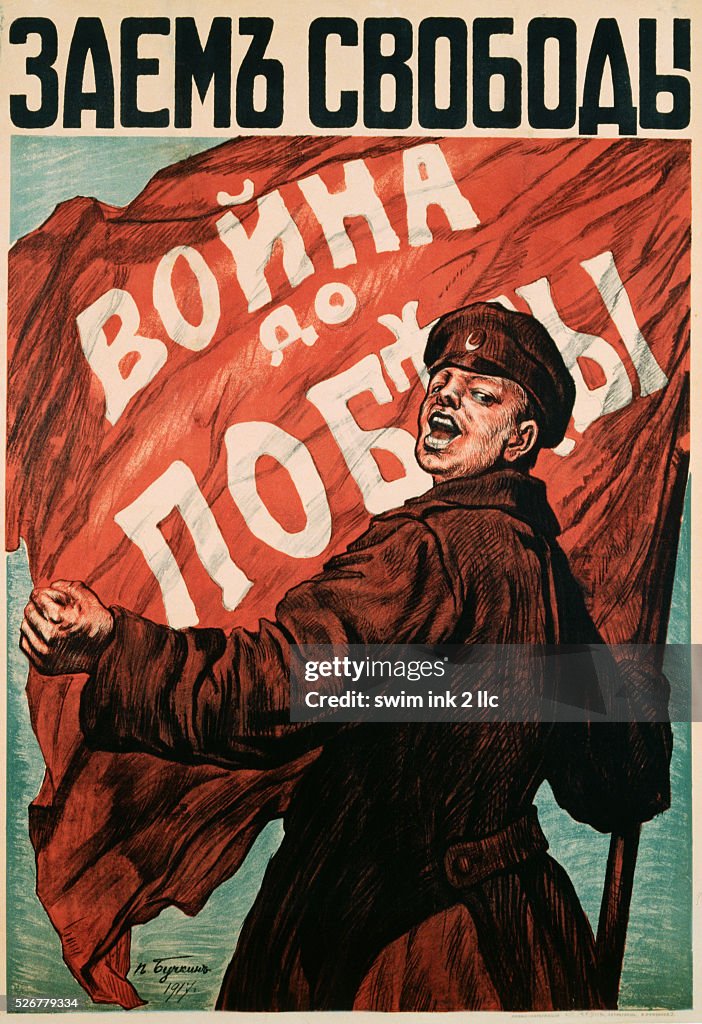 Poster of Russian Soldier with Flag by N. Tyrkurr