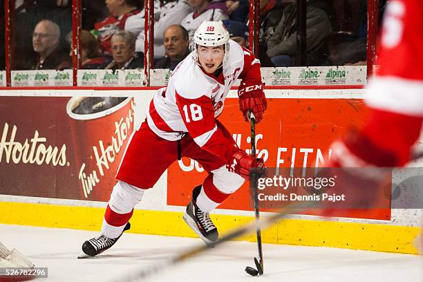 Forward Blake Speers of the Sault Ste. Marie Greyhounds moves the puck against the Windsor Spitfires on February 18, 2016 at the WFCU Centre in...