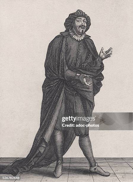 Engraving depicting scaramuccia , a stock clown character of the 16th-century commedia dell'arte, the comic theatrical arts of Italian literature,...