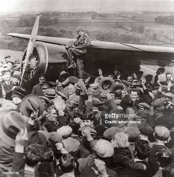 The American aviator, Amelia Earhart on her arrival in Londonderry after crossing the Atlantic. May 20, 1932.