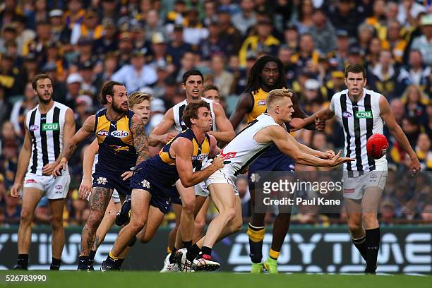 Adam Treloar of the Magpies gets his handball away while being tackled by Jamie Cripps of the Eagles during the round six AFL match between the West...