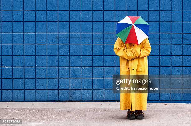 umbrella hat and raincoat disguise. - animal head on wall stock pictures, royalty-free photos & images