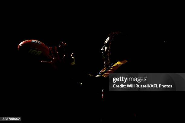 Nic Naitanui of the Eagles warms up before the round six AFL match between the West Coast Eagles and the Collingwood Magpies at Domain Stadium on May...