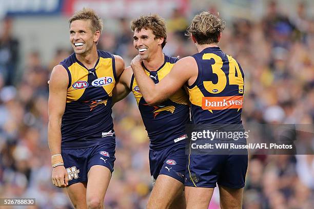 Jamie Cripps of the Eagles celebrates after scoring a goal during the round six AFL match between the West Coast Eagles and the Collingwood Magpies...