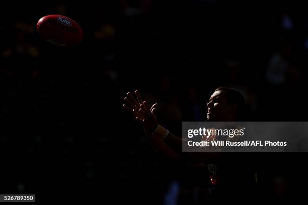 Josh Hill of the Eagles warms up before the round six AFL match between the West Coast Eagles and the Collingwood Magpies at Domain Stadium on May 1,...