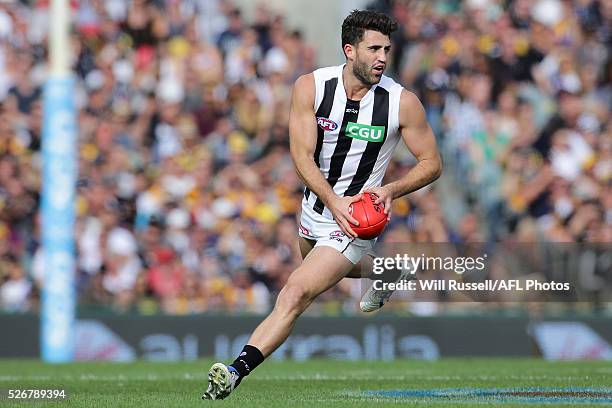 Alex Fasolo of the Magpies looks to pass the ball during the round six AFL match between the West Coast Eagles and the Collingwood Magpies at Domain...